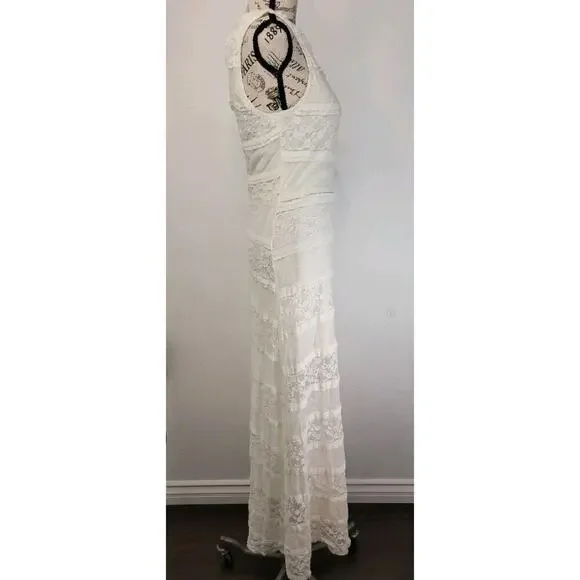 Manito USA Slip Maxi Dress Sz XS/S Ivory Lace Mesh Semi Sheer Whimsycal - Picture 5 of 8